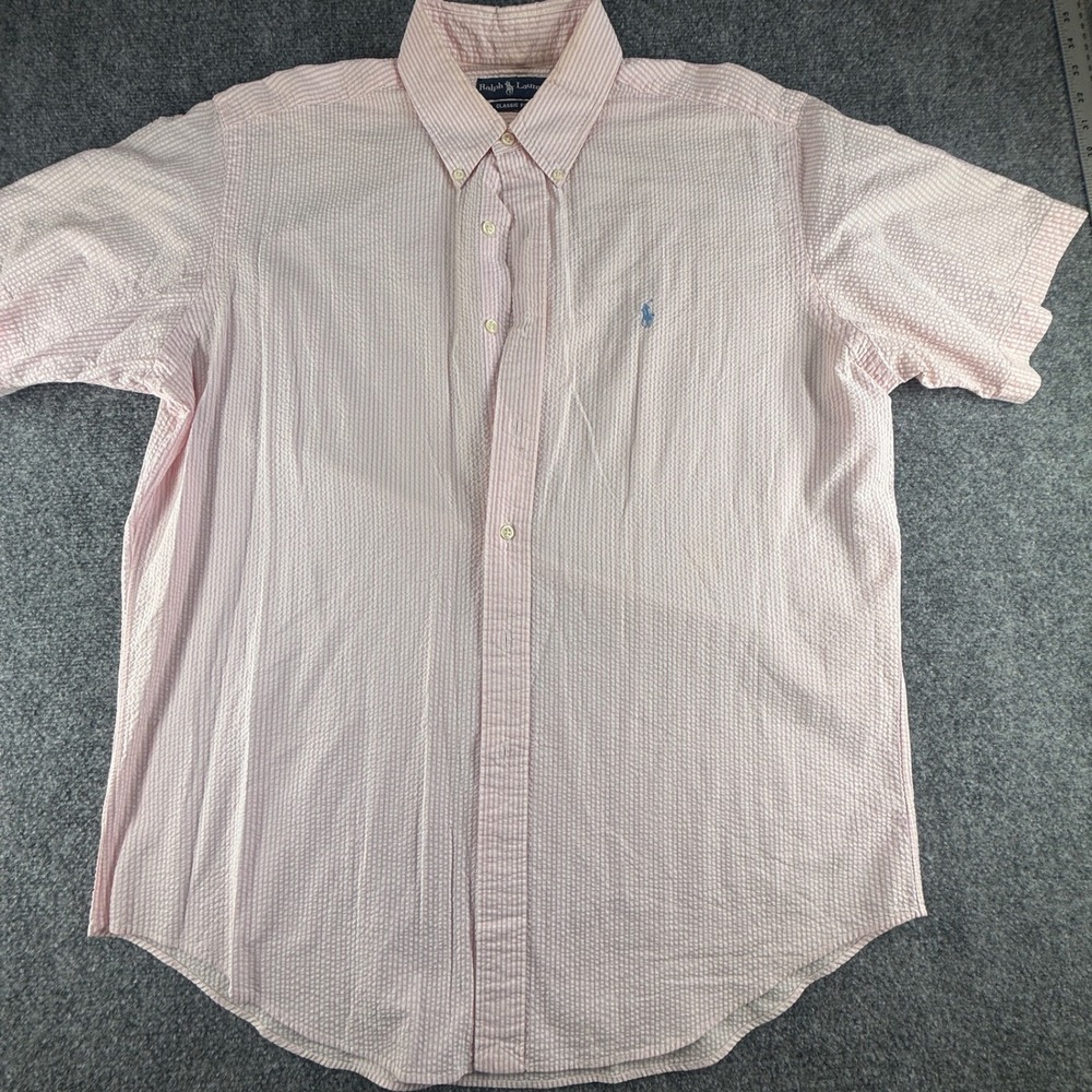 Ralph Lauren Mens Pink Seersucker Stripe Short Sleeve Button Down Shirt Large